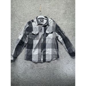 Rock & Republic Mens Shirt Button Down Size XL Patchwork Plaid Square Gray Black